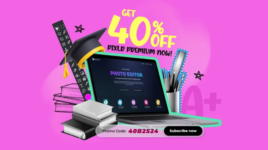 Laptop with Pixlr's photo editor on screen surrounded by school-themed items, promoting 40% off Pixlr Premium subscription for back-to-school season on a pink background.