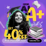 Young woman smiling with graduation cap overlay, surrounded by school-themed graphics promoting 40% off Pixlr Premium subscription for back-to-school season.