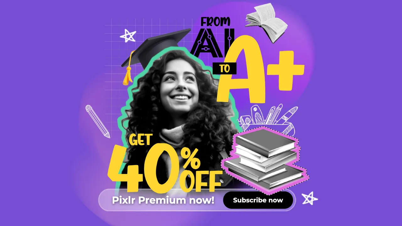 Young woman smiling with graduation cap overlay, surrounded by school-themed graphics promoting 40% off Pixlr Premium subscription for back-to-school season.