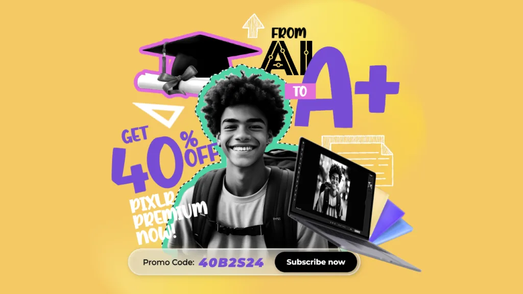 Smiling student with a laptop and school-themed graphics promoting 40% off Pixlr Premium subscription for back-to-school season on a yellow background.