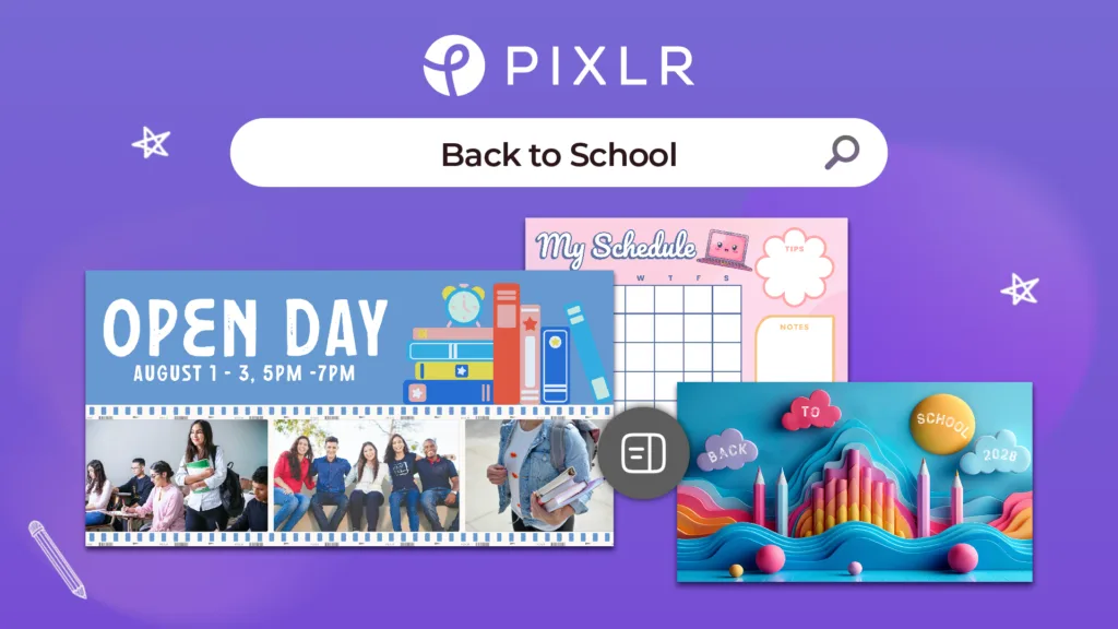 Pixlr interface displaying back-to-school themed templates, including Open Day, My Schedule, and Back to School designs on a purple background.