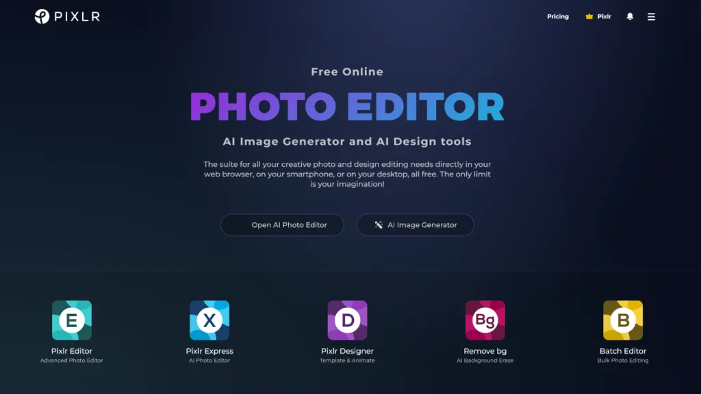 Screenshot of Pixlr's homepage