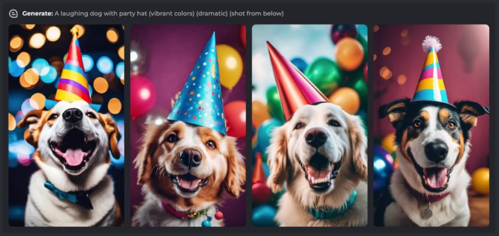 Screenshot of the results for the AI Art prompt "A laughing dog with a party hat"