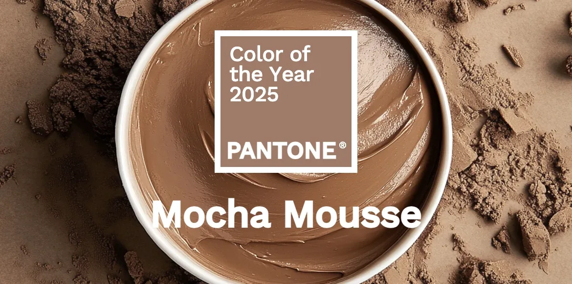 A paint can with creamy brown color with text "Pantone Color of the Year 2025 Mocha Mousse".