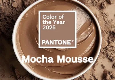 A paint can with creamy brown color with text "Pantone Color of the Year 2025 Mocha Mousse".