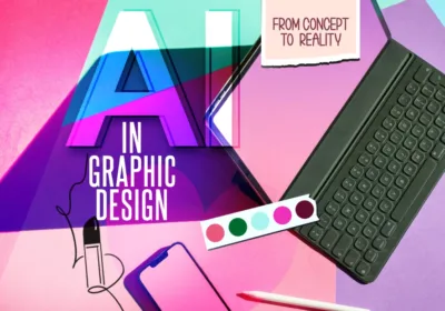 Colorful graphic design themed image with text "AI in Graphic Design" and digital drawing tools.