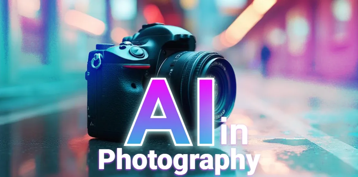 A DSLR camera with "AI in Photography" text overlaid, against a neon-lit background.