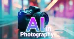 A DSLR camera with "AI in Photography" text overlaid, against a neon-lit background.