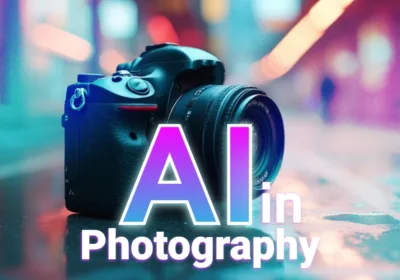 A DSLR camera with "AI in Photography" text overlaid, against a neon-lit background.