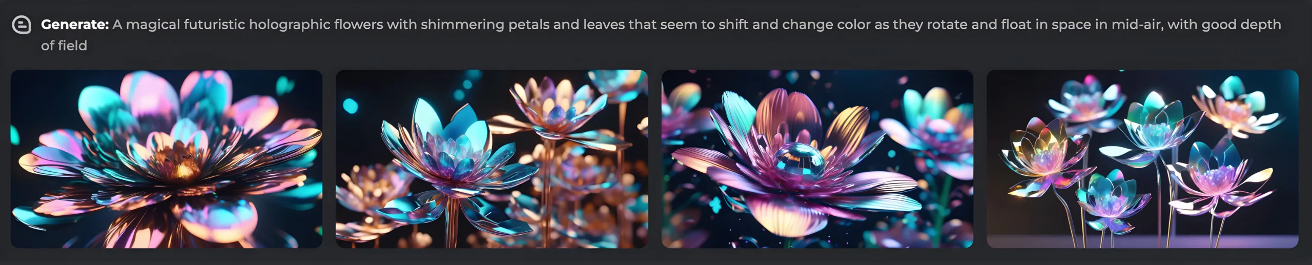 A magical futuristic holographic flowers with shimmering petals and leaves that seem to shift and change color as they rotate and float in space in mid-air, with good depth of field.