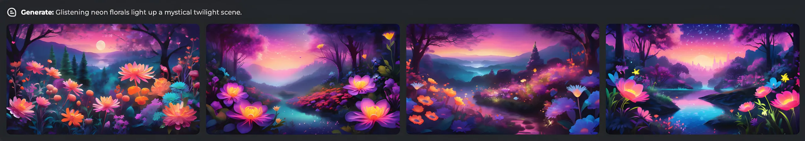 Glistening neon florals light up a mystical twilight scene.