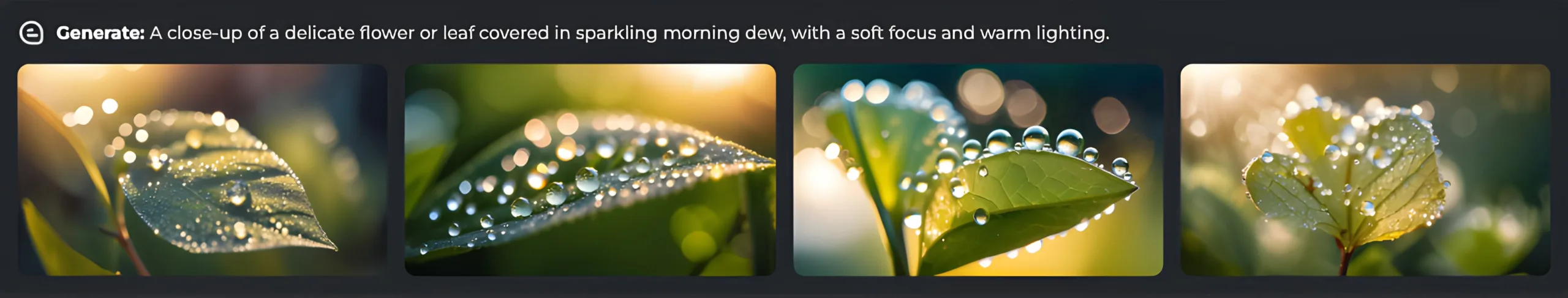 A close-up of a delicate flower or leaf covered in sparkling morning dew, with a soft focus and warm lighting.