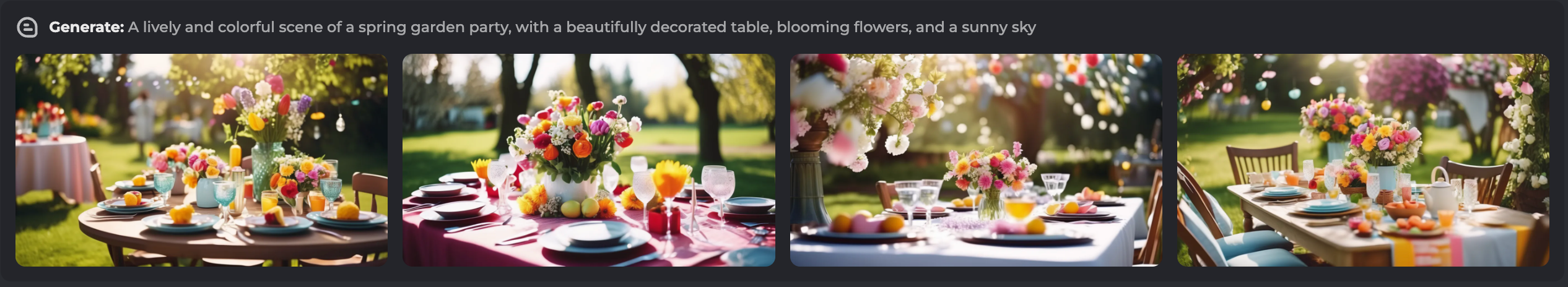 A lively and colorful scene of a spring garden party, with a beautifully decorated table, blooming flowers, and a sunny sky.