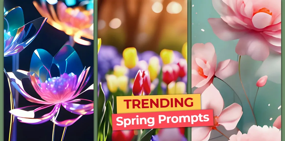 Vibrant spring flowers and blooms in three panels, with a bold "TRENDING Spring Prompts" label in the center.