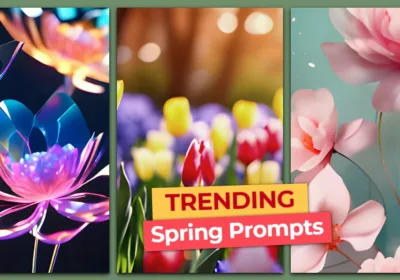 Vibrant spring flowers and blooms in three panels, with a bold "TRENDING Spring Prompts" label in the center.