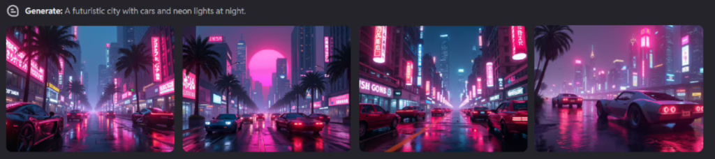 The image depicts a futuristic cityscape at night, illuminated by neon lights, with sleek cars driving along wet streets reflecting vibrant colors