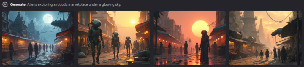 Aliens walk through a futuristic marketplace under a glowing sky with towering structures and vibrant lights.