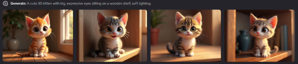 Four cute 3D kittens with big eyes sit on a wooden shelf. They are surrounded by soft lighting, creating a warm and cozy atmosphere.