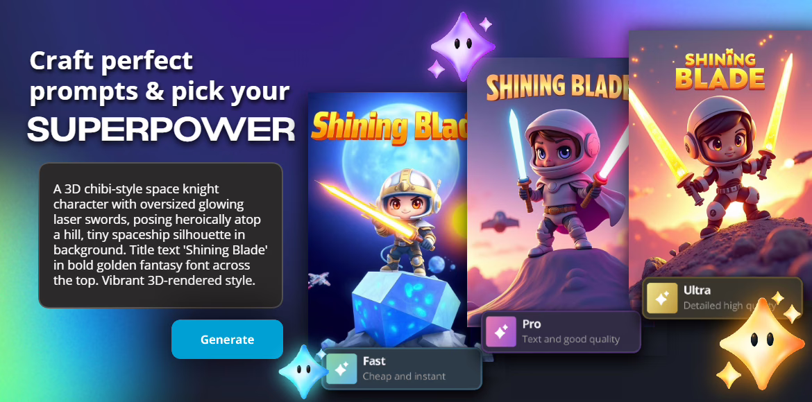 Three 3D chibi space knight artworks labeled Fast, Pro, and Ultra, showing improved lighting, sharpness, and detail across each image mode.