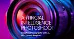 A close-up of a colorful camera lens with neon purple and blue lighting, featuring the text “Artificial Intelligence Photoshoot – Redefine Photography with AI. No Camera Required.” The visual represents the concept of an AI photoshoot, showcasing how artificial intelligence transforms modern photography.