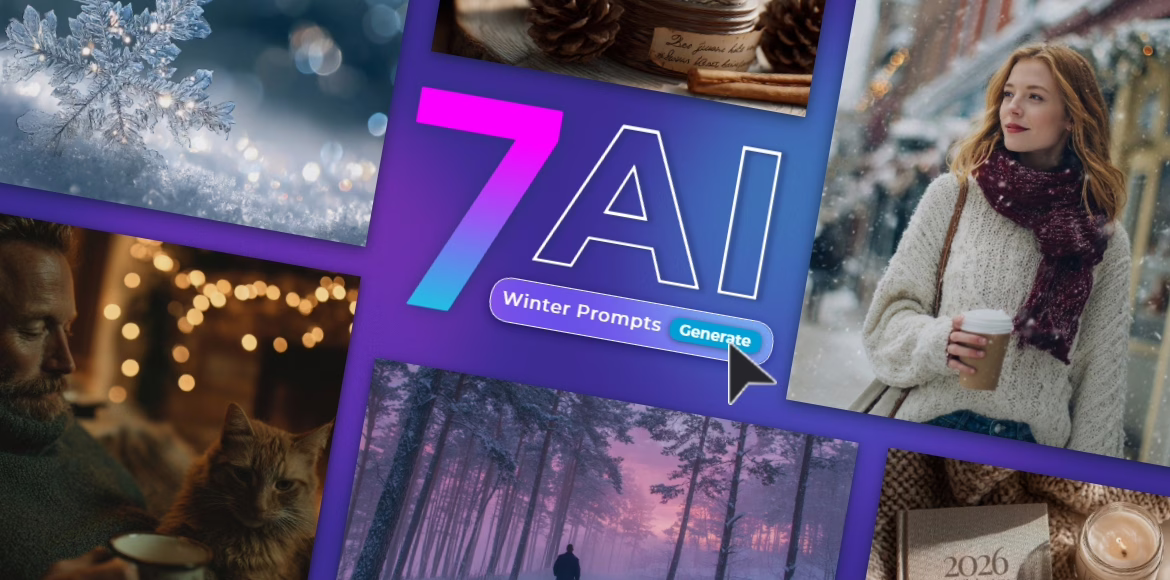 A winter-themed collage created with an AI Image Generator, featuring the title “7 AI Winter Prompts” and a glowing “Generate” button. Surrounding visuals include a woman in a white sweater holding coffee in falling snow, a detailed snowflake, pinecones with cinnamon sticks, a man with a cat and mug beside warm lights, a snowy forest at sunset, and a 2026 planner with a candle — evoking cozy seasonal creativity powered by AI.