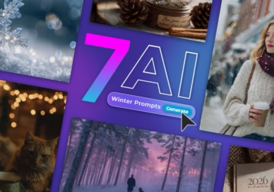 A winter-themed collage created with an AI Image Generator, featuring the title “7 AI Winter Prompts” and a glowing “Generate” button. Surrounding visuals include a woman in a white sweater holding coffee in falling snow, a detailed snowflake, pinecones with cinnamon sticks, a man with a cat and mug beside warm lights, a snowy forest at sunset, and a 2026 planner with a candle — evoking cozy seasonal creativity powered by AI.