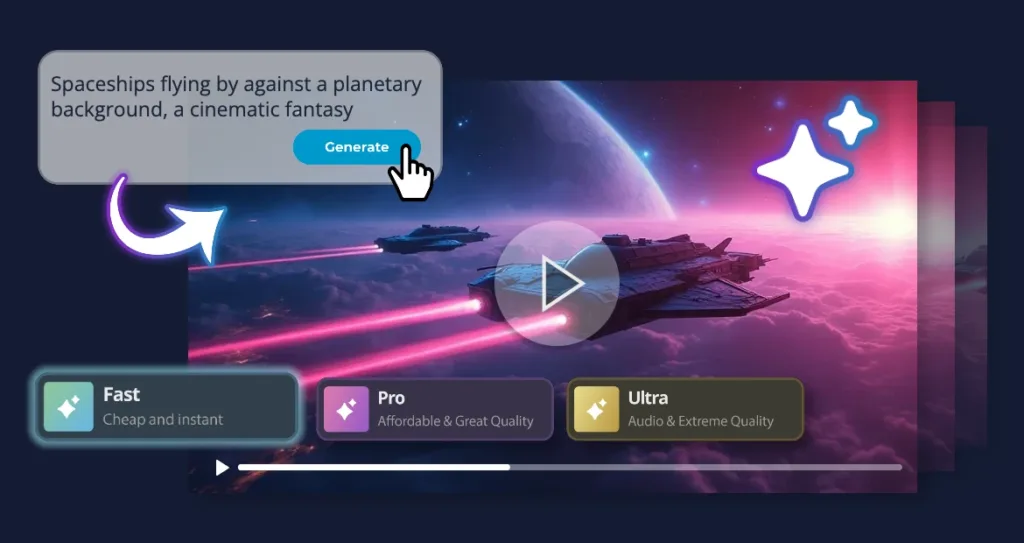 A futuristic scene showing spaceships flying through pink and purple clouds toward a glowing planet in space, with bright laser trails. A text prompt above reads “Spaceships flying by against a planetary background, a cinematic fantasy” next to a blue Generate button. Below the video frame, three options are displayed: Fast – Cheap and instant, Pro – Affordable & Great Quality, and Ultra – Audio & Extreme Quality, representing AI video generation modes.
