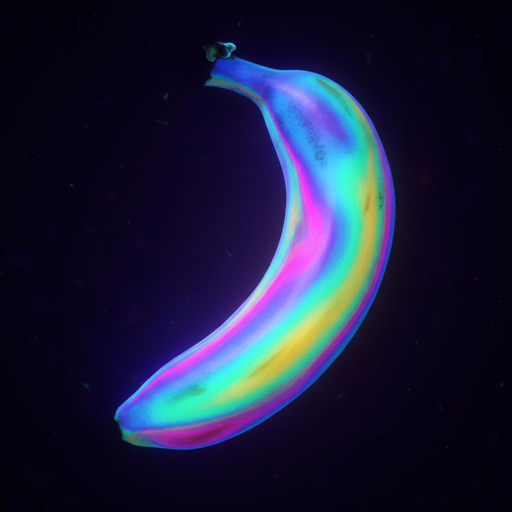 The Nano Banana glowing in vibrant neon rainbow colors under UV light, set against a dark background, creating a futuristic and surreal visual effect.