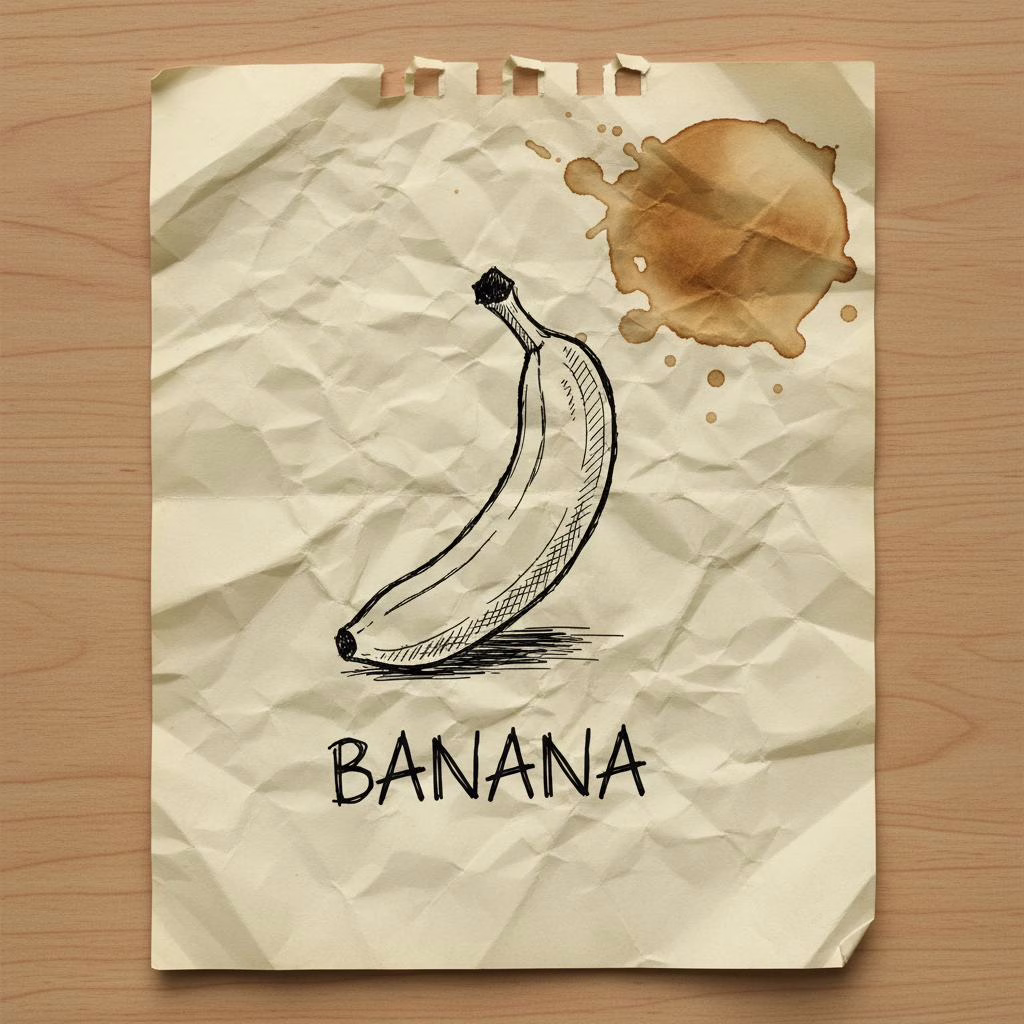 The Nano Banana hand-drawn sketch on a crumpled notebook page with a coffee stain, resting on a wooden desk, showcasing a casual artistic doodle style.