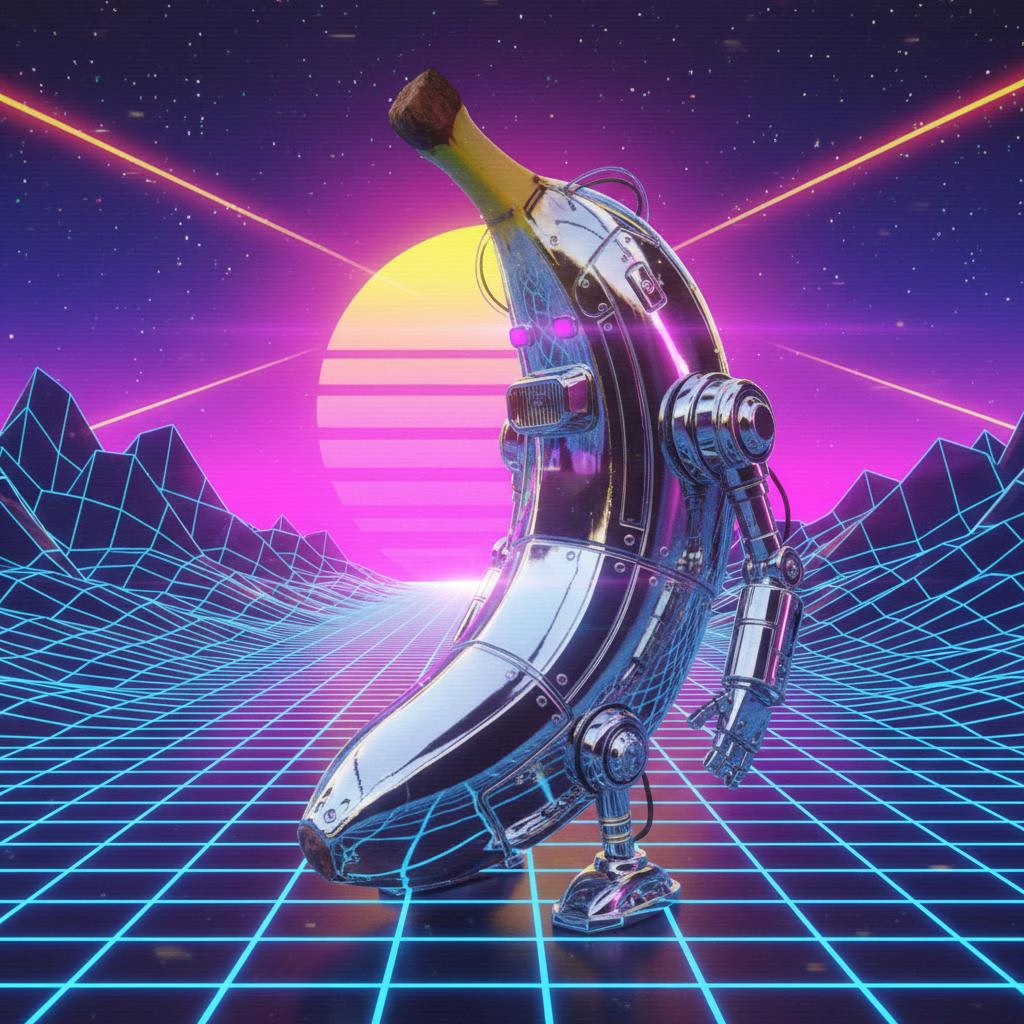 The Nano Banana transformed into a metallic robot standing in a retro 1980s sci-fi world with neon grid lines, pink-purple lights, and a glowing sunset backdrop.