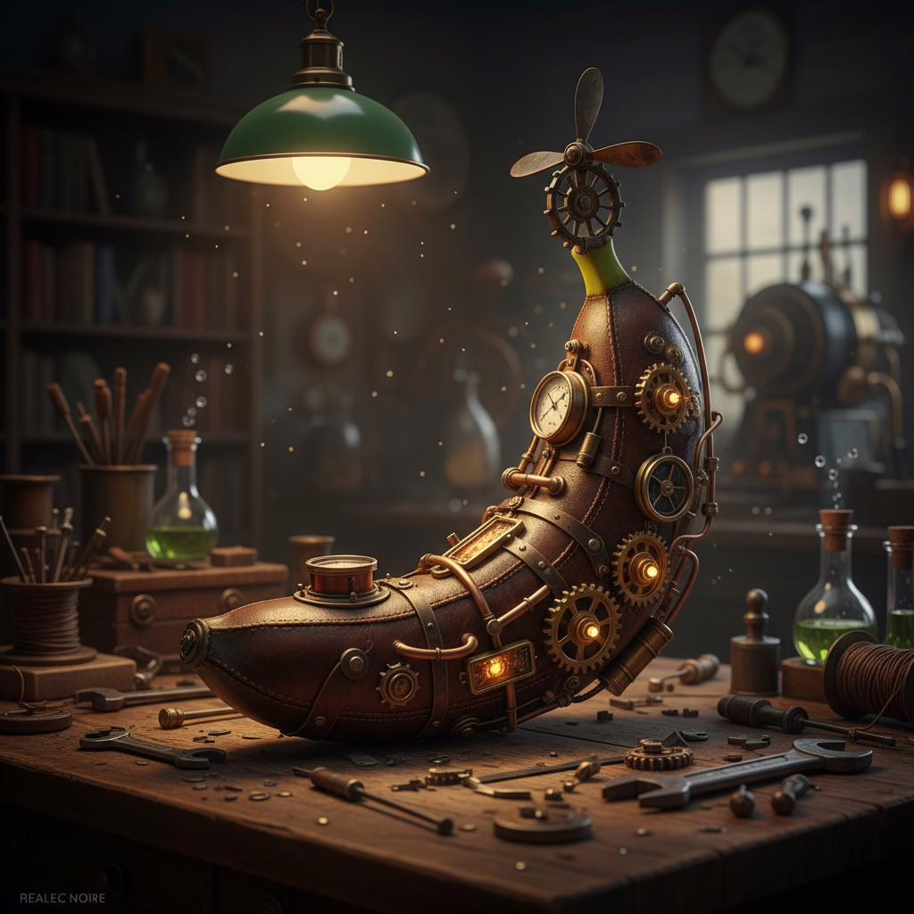 A steampunk-style banana designed with gears, copper pipes, gauges, and glowing lights, placed on a wooden workbench surrounded by vintage tools and glass beakers under a warm workshop lamp.