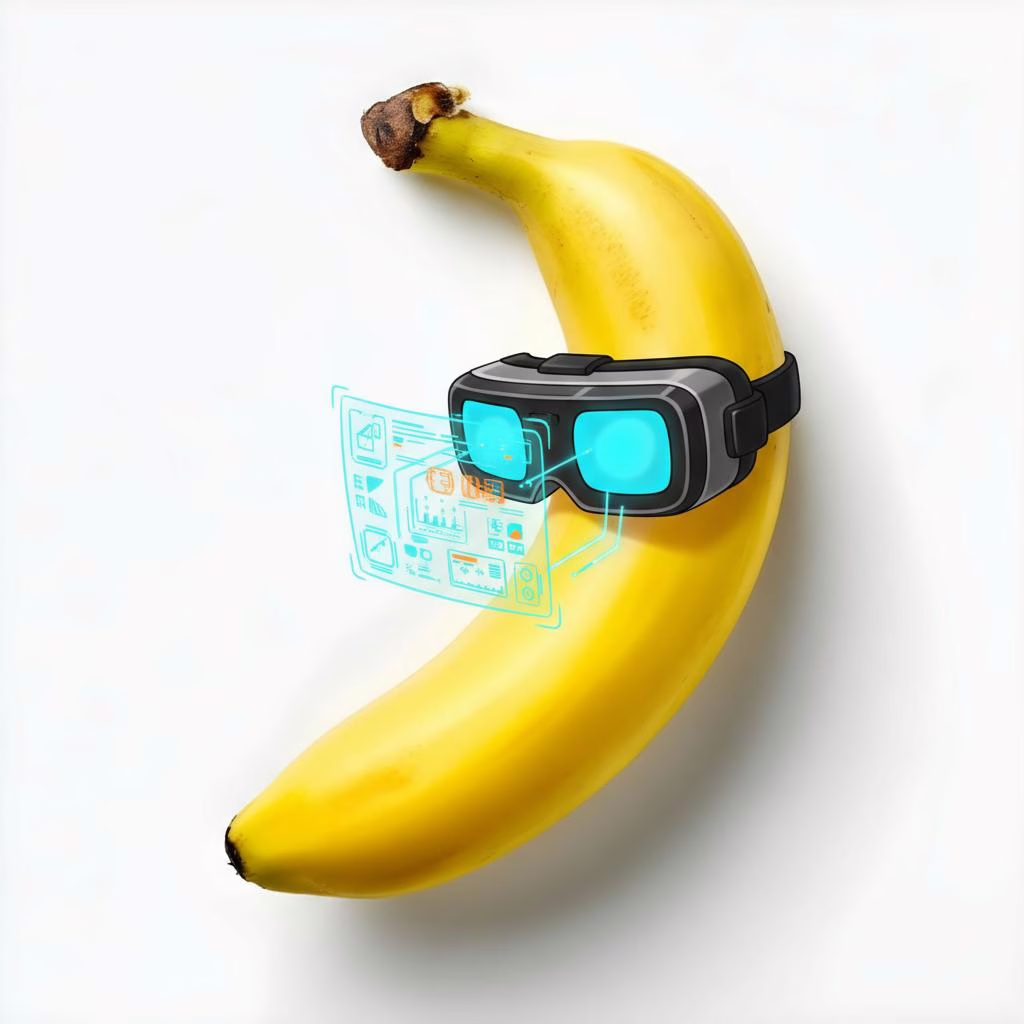 The Nano Banana wearing futuristic VR goggles and projecting a glowing blue holographic display, representing AI creativity, innovation, and advanced photo editing with Pixlr.