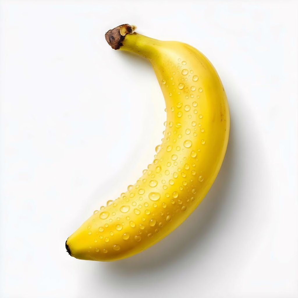 The Nano Banana displayed on a white background, covered with fresh water droplets, highlighting its vibrant color, freshness, and realistic texture.