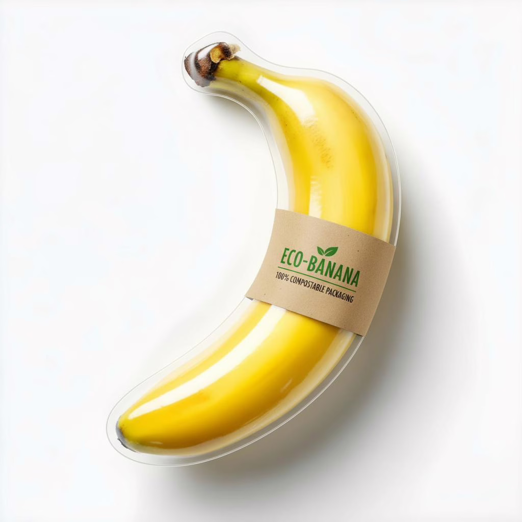 A yellow banana wrapped in a transparent biodegradable package with a brown paper label that reads “Eco-Banana – 100% Compostable Packaging,” symbolizing sustainable and eco-friendly design.