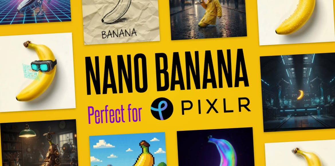A creative collage featuring various banana-themed AI art styles on a bright yellow background. In the center, bold black text reads “NANO BANANA” with “Perfect for Pixlr” below, showcasing the Pixlr logo. The surrounding images display bananas in futuristic, artistic, and playful styles — including a banana wearing VR goggles, a banana sketch on paper, a pixelated banana in a game scene, and a neon glowing banana in a sci-fi environment.