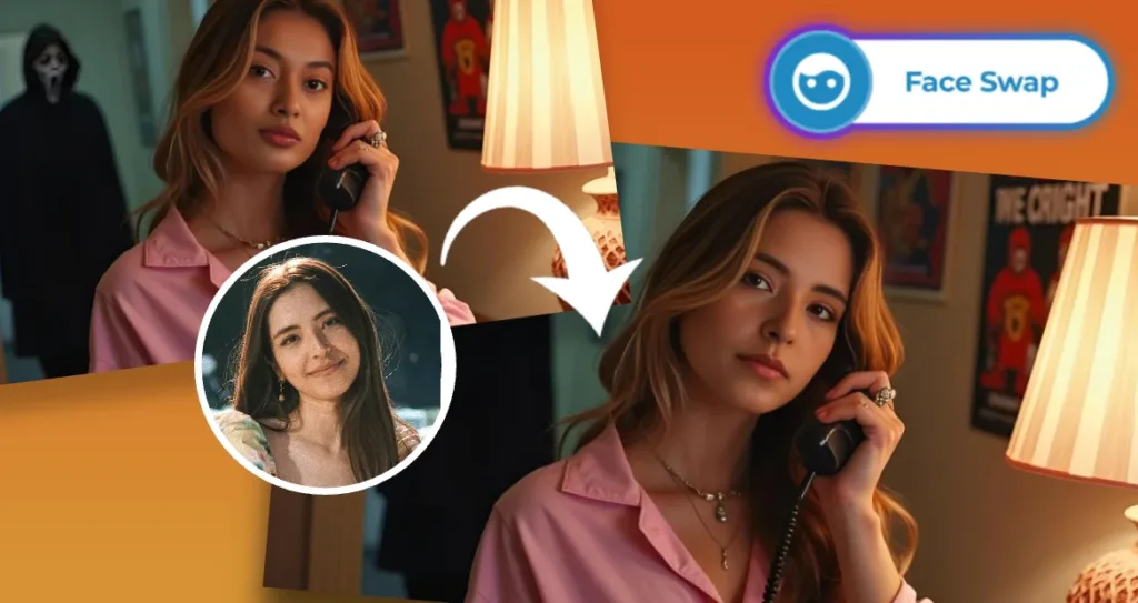 Example of a FaceSwap edit where a woman’s face is replaced with another person’s image in a 90s-style horror scene. The photo shows a woman in pink pajamas on the phone with a Ghostface figure in the background, created using an AI FaceSwap tool.