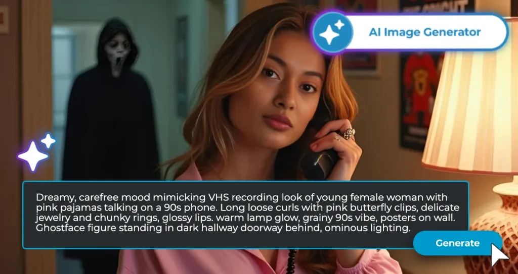 A 90s-inspired photo of a woman in pink pajamas talking on a vintage phone, created using an AI Image Generator. The scene shows warm lamp lighting, soft curls, and a Ghostface figure in the background, capturing a cinematic retro vibe.