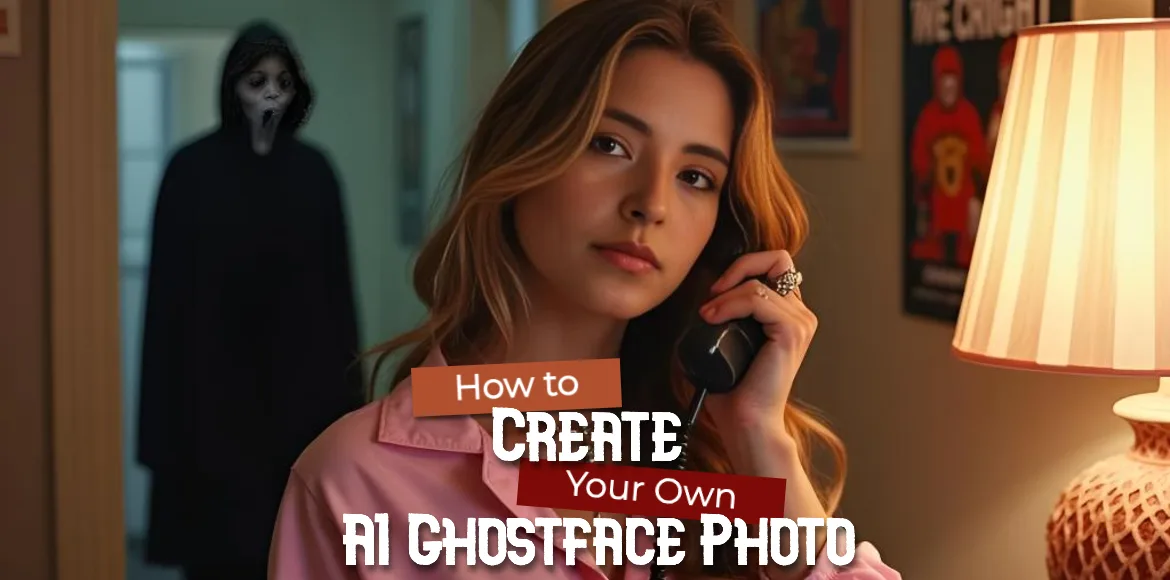 A woman in a pink shirt talks on the phone while a creepy AI Ghostface figure lurks in the background of a dimly lit room. Tutorial cover image for how to create your own AI Ghostface photo using photo editing tools.