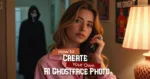 A woman in a pink shirt talks on the phone while a creepy AI Ghostface figure lurks in the background of a dimly lit room. Tutorial cover image for how to create your own AI Ghostface photo using photo editing tools.