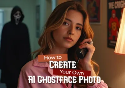 A woman in a pink shirt talks on the phone while a creepy AI Ghostface figure lurks in the background of a dimly lit room. Tutorial cover image for how to create your own AI Ghostface photo using photo editing tools.