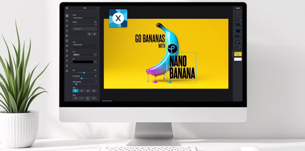 A computer monitor displays Pixlr’s editing interface with a bright yellow background featuring a blue-and-purple dripping banana and bold black text that reads “Go Bananas with Nano Banana.” The Pixlr logo appears on the top left of the screen. A white keyboard and mouse are placed in front of the monitor on a clean white desk beside a small green potted plant.