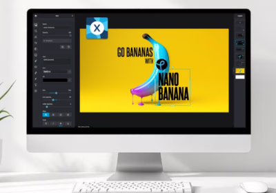 A computer monitor displays Pixlr’s editing interface with a bright yellow background featuring a blue-and-purple dripping banana and bold black text that reads “Go Bananas with Nano Banana.” The Pixlr logo appears on the top left of the screen. A white keyboard and mouse are placed in front of the monitor on a clean white desk beside a small green potted plant.