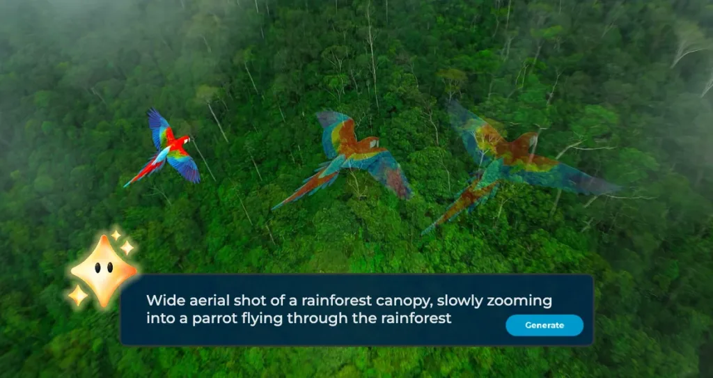 Aerial view of a lush rainforest with colorful parrots flying over dense green trees, demonstrating how AI Video Generation can create smooth cinematic zoom effects and realistic motion for nature scenes.