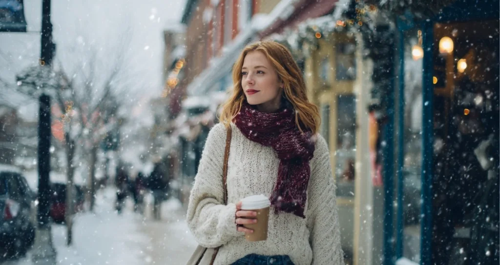 A woman in a cozy white sweater and burgundy scarf walks through a snowy street holding a coffee cup, surrounded by softly falling snow and festive lights. This realistic winter scene, created using an AI Image Generator, captures warmth, style, and seasonal charm perfect for creative prompt inspiration.