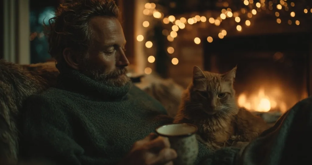 A man in a cozy sweater relaxes by a fireplace with warm golden lights in the background, holding a mug while a ginger cat rests on his lap. This intimate and comforting winter scene, generated using an AI Image Generator, captures the peaceful warmth of a cozy night indoors.