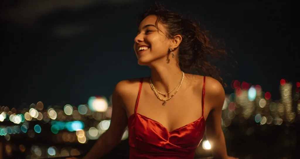 A woman in a red satin dress smiles joyfully against a night city backdrop filled with glowing bokeh lights. This cinematic and vibrant portrait, created using an AI Image Generator, captures warmth, emotion, and the energy of a festive evening.