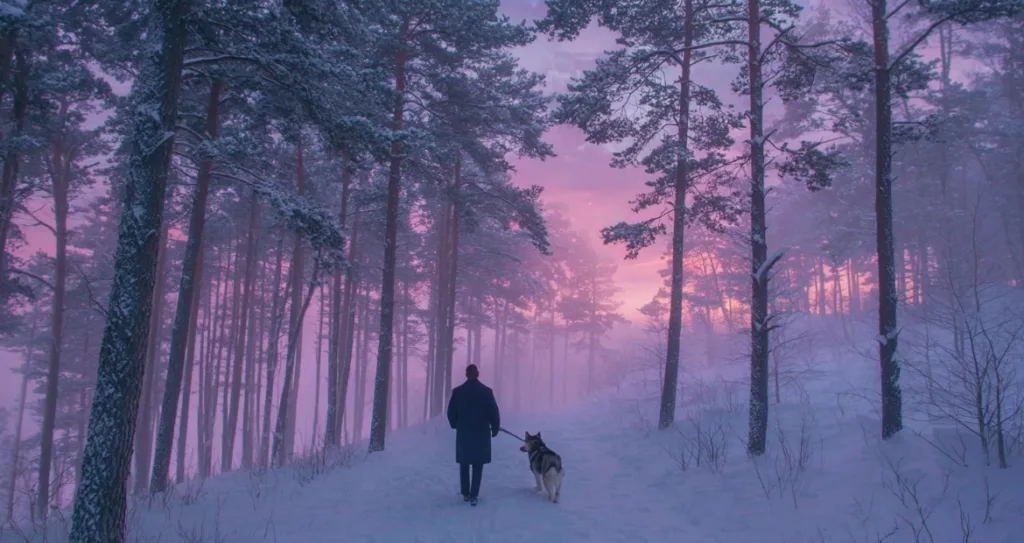 A person walks a dog through a snowy forest at sunset, surrounded by tall pine trees and a sky glowing in shades of pink and purple. This serene winter landscape, created using an AI Image Generator, captures the peaceful beauty of nature in the cold season.