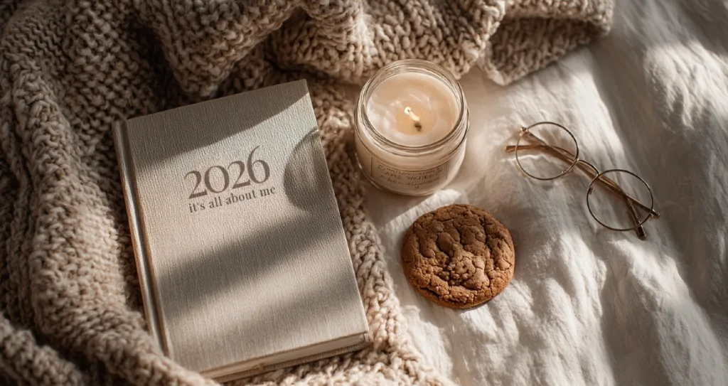 A cozy flat lay featuring a 2026 planner with the words “It’s all about me,” a lit candle, a cookie, and a pair of round glasses on a soft knitted blanket. This warm and aesthetic composition, created using an AI Image Generator, evokes comfort, mindfulness, and self-care inspiration.
