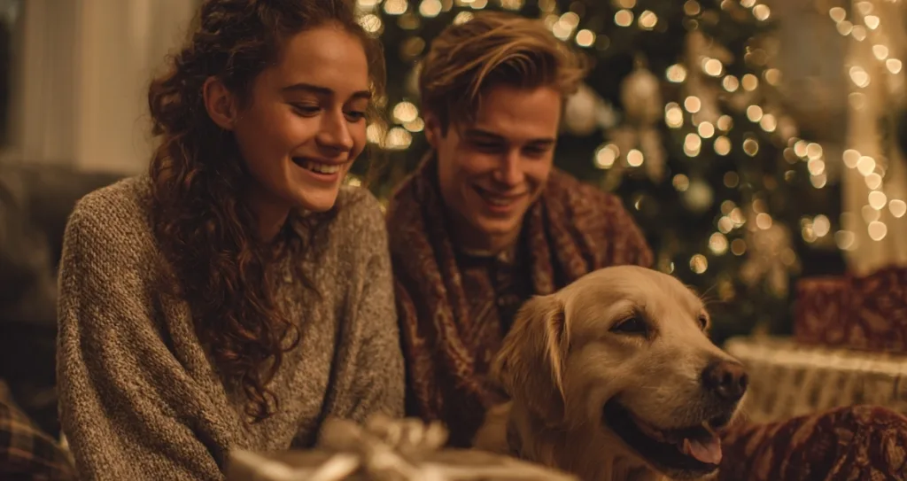 A joyful couple sits by a glowing Christmas tree with a golden retriever, surrounded by soft lights and wrapped gifts. This warm and festive holiday moment, created using an AI Image Generator, captures the spirit of love, coziness, and celebration during winter.