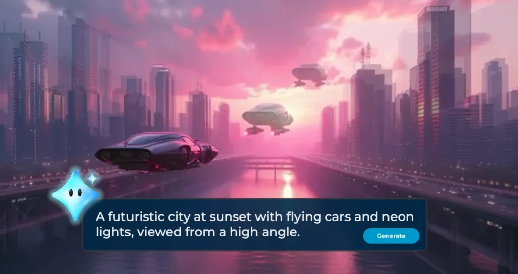 A futuristic cityscape at sunset featuring flying cars and glowing neon lights, illustrating how AI Video Generation can create cinematic sci-fi scenes with realistic lighting and motion effects.